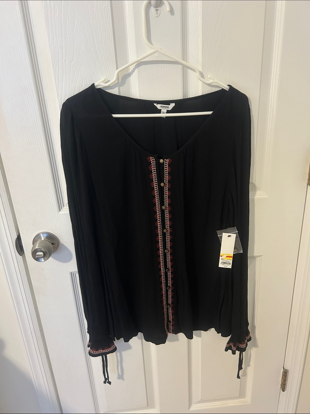 Black Boho Blouse with pink Embroidery